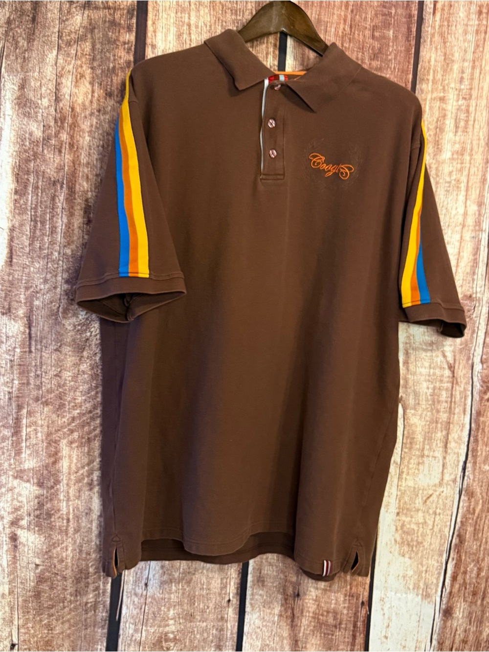COOGI Brown Polo with multi color Sleeve Stripes